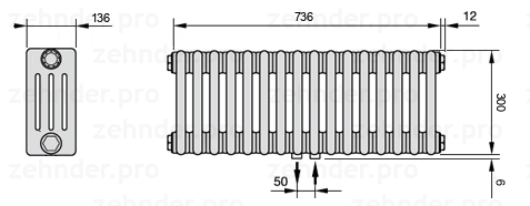 Схема (чертеж) Радиатор Zehnder Charleston 4030/16 №5410 Белый глянцевый RAL 9016